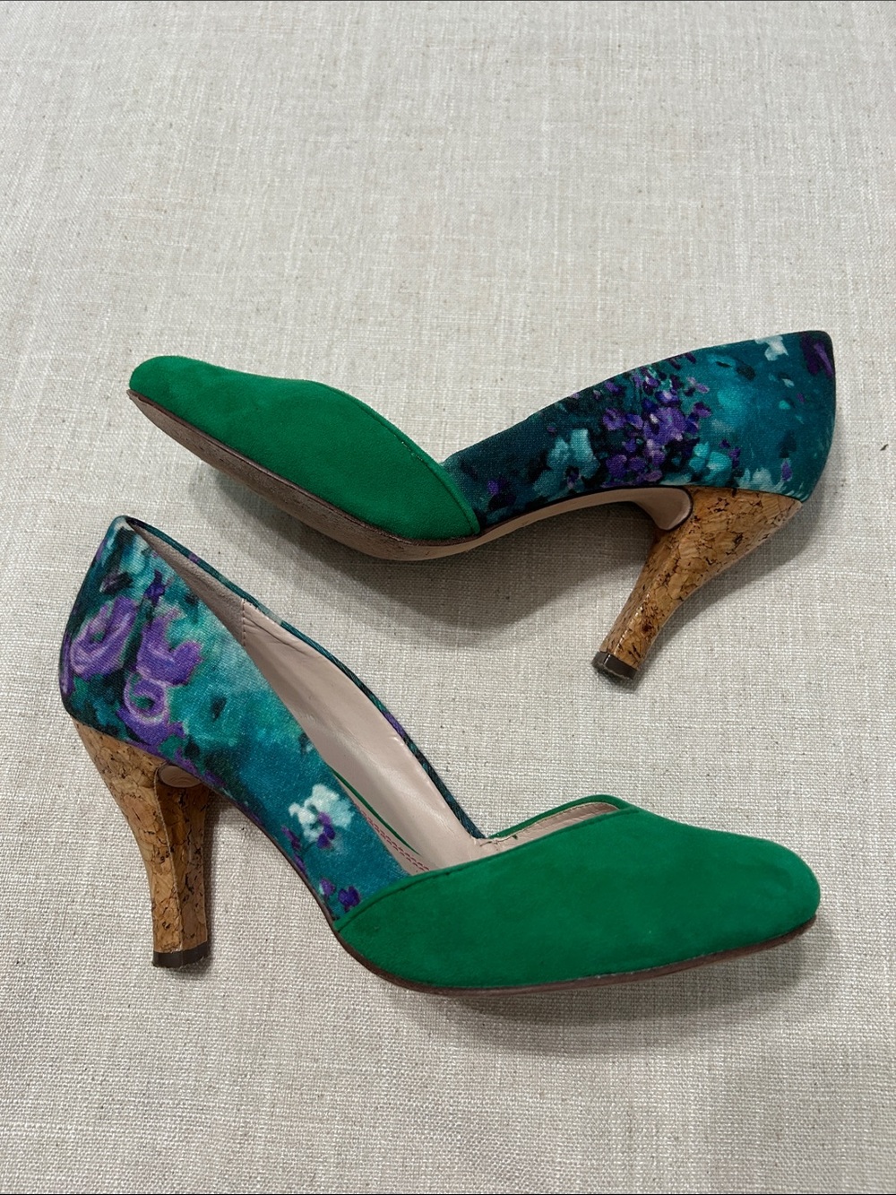 Plenty by Tracy Reese Hayden Floral Pump Emerald Green Suede Retro Cork Heel 38 - Picture 4 of 13